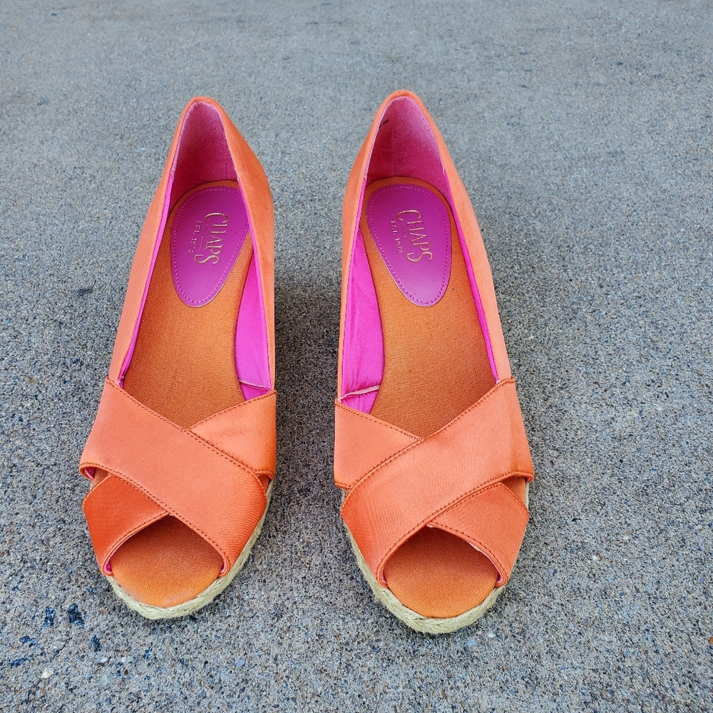 Chaps Orange Peep Toe Wedges, Size 9B
